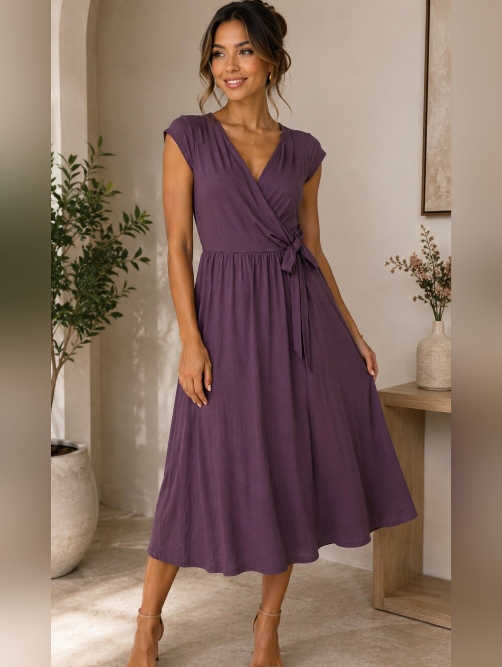 Wrap-Style Maxi Dress in Deep Plum
